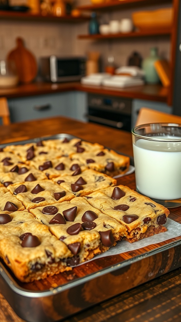 A tray of chocolate chip cookie bars, cut into squares, with chocolate chips melting on top, set on a wooden table with a glass of milk.